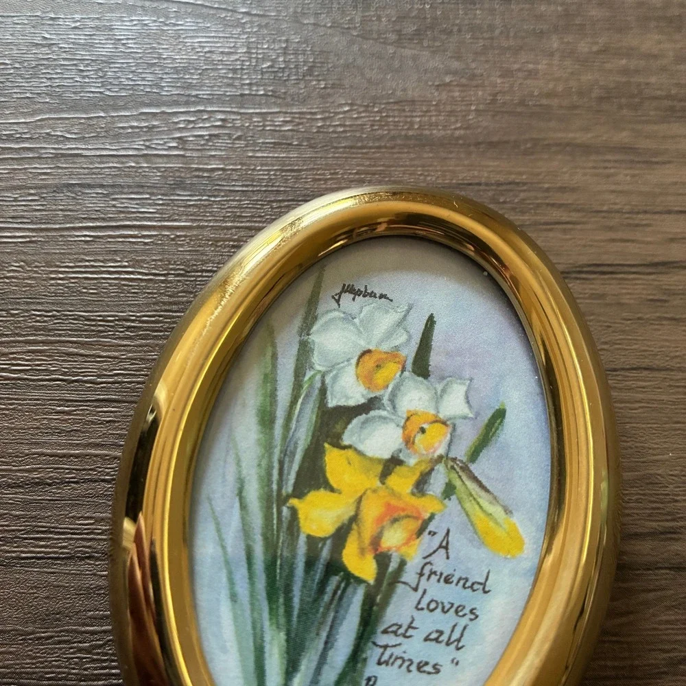 J. Hepburn His Handiwork Miniature Oval Gold Frame Daffodil Art Proverbs 17:17